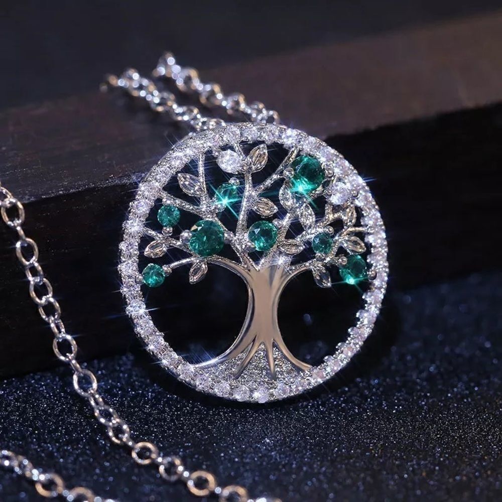 NWT Tree of Life Necklace Silver with Simulated Emerald and Cubic Zirconia